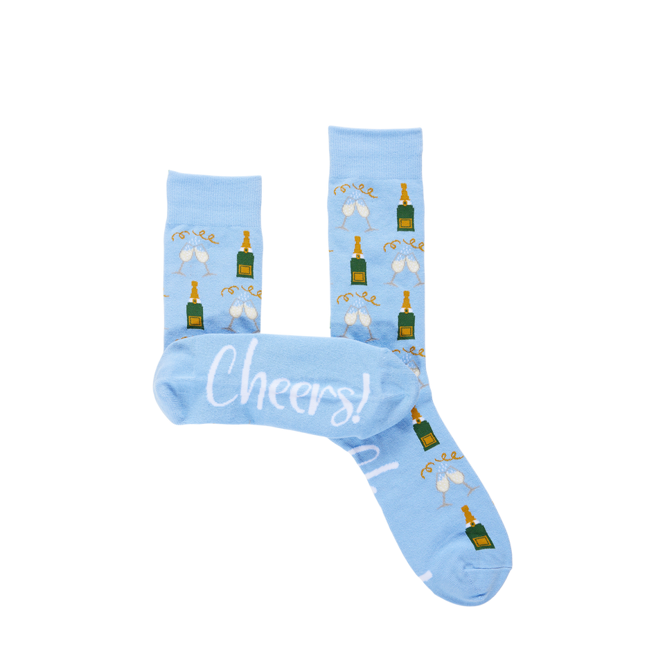 Light blue socks with champagne bottle and glass pattern and Cheers text on the sole