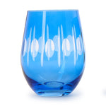 Crystal glass a vibrant blue stemless tumbler featuring etched clear vertical lines and alternating circular patterns