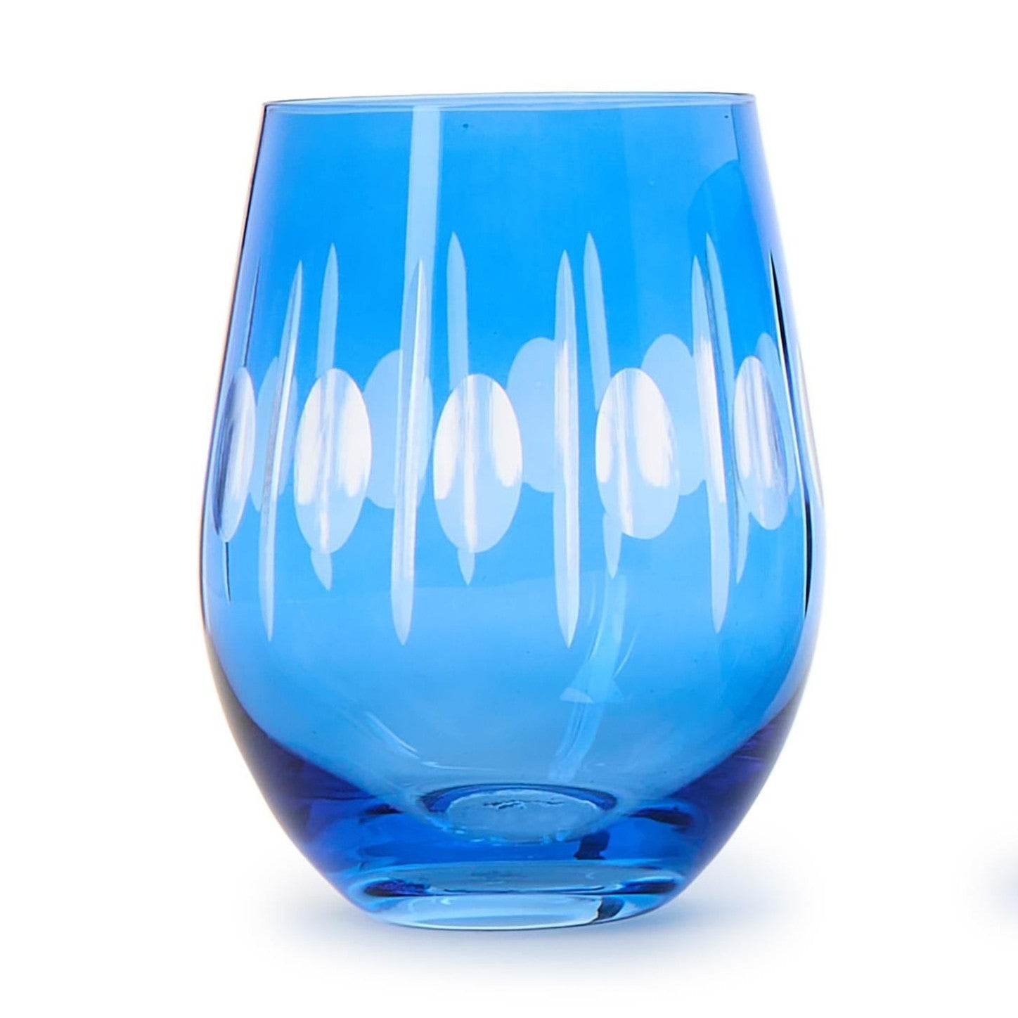 Crystal glass a vibrant blue stemless tumbler featuring etched clear vertical lines and alternating circular patterns