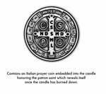 A detailed photo of an ornate Italian St. Benedict prayer medal in silver, featuring a central cross with initials CS SML NDS MD, the word PAX at the top, and the perimeter inscribed with V R S N S M V SMQLIVB