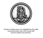 Silver relief Italian prayer coin showing Archangel Michael with halo and wings, holding a staff and triumphantly stepping on a dragon in a detailed circular design