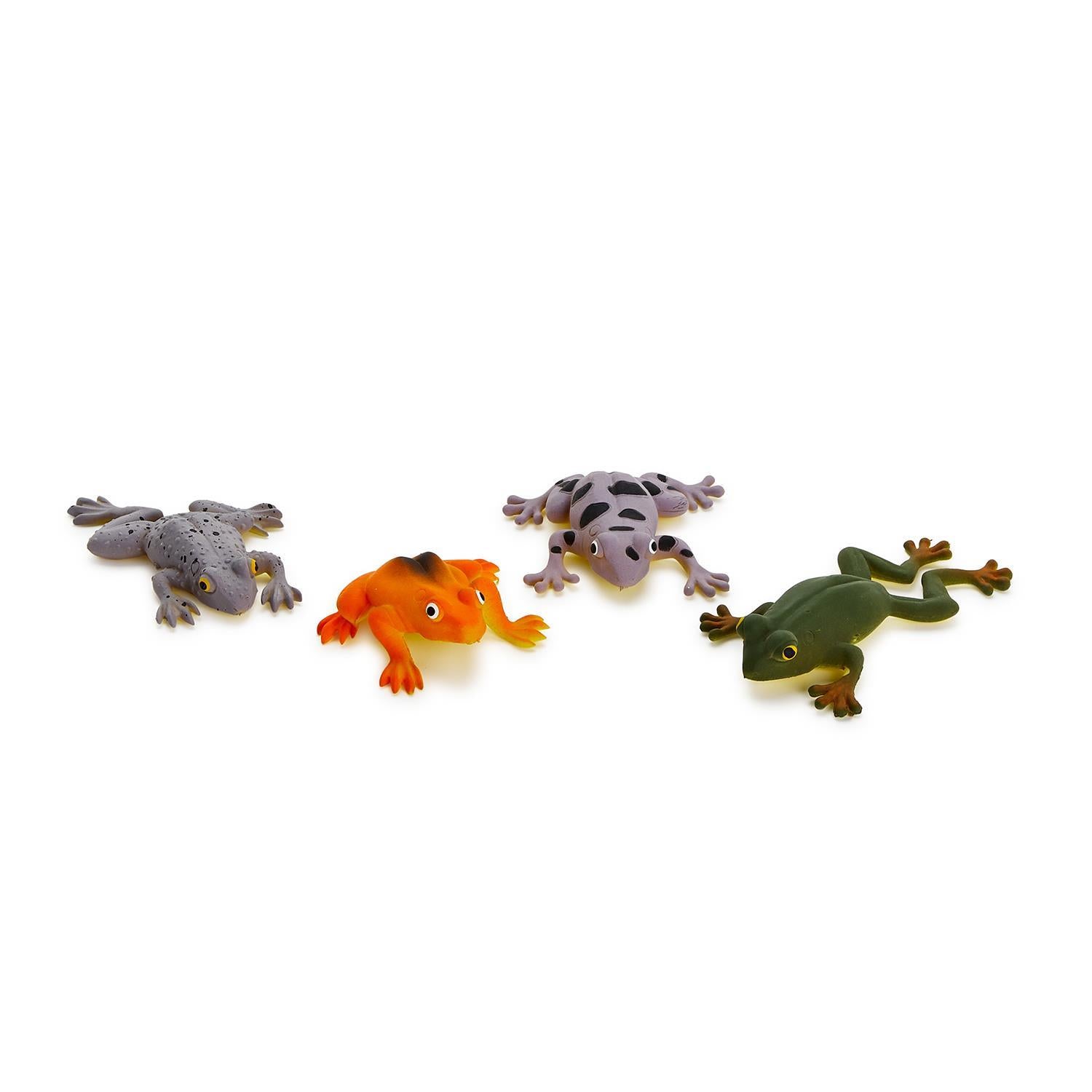 Molded rubber toy figurines of four colorful frogs featuring a speckled grey, a vibrant orange with black ridges, and a spotted light purple variety arranged on a white studio background