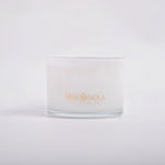Photograph of a white candle in a frosted glass jar featuring gold "MAGNOLIA ST. CHARLES" text and a fleur-de-lis logo on a plain white background