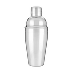 Digital photograph of a stainless steel three-piece cocktail shaker with a gleaming silver finish and reflective surface on a white background
