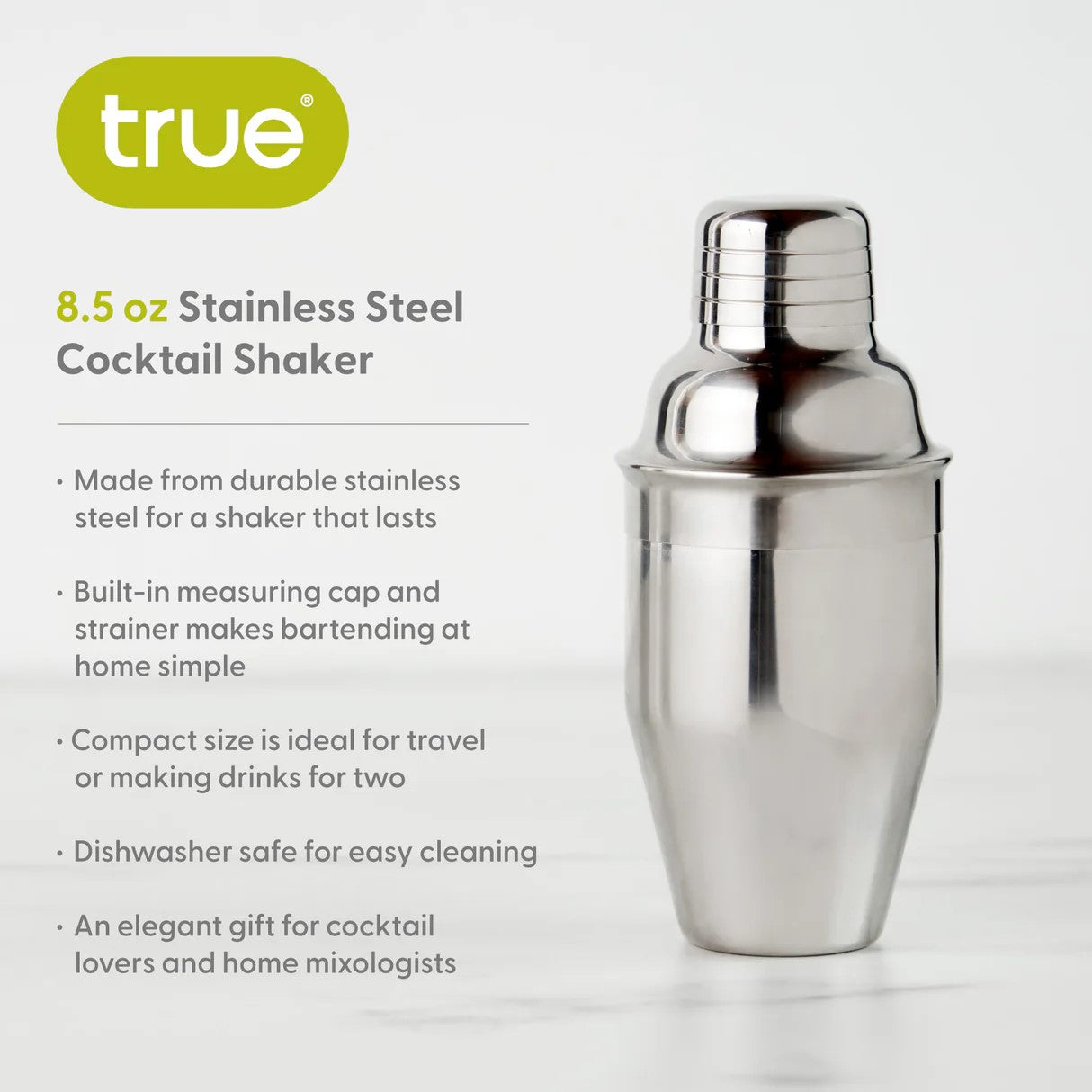True's product photo of an 8.5 oz Stainless Steel Cocktail Shaker with a sleek silver finish featuring a built-in measuring cap and strainer and a prominent bright lime green logo
