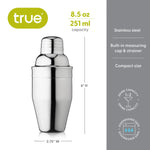 Digital product photograph by True of a compact 8.5 oz 251 ml stainless steel cocktail shaker featuring a built-in measuring cap and strainer