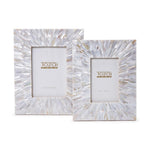 Two Tozai Home decorative photo frames crafted from iridescent white mother-of-pearl shell in a radial sunburst mosaic pattern, featuring placeholders for 5x7 inch and 4x6 inch photos