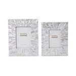 Tozai Home mother-of-pearl photo frames, one 5x7 inch and one 4x6 inch, showcasing iridescent shell tiles in a striking radial sunburst pattern on a white background