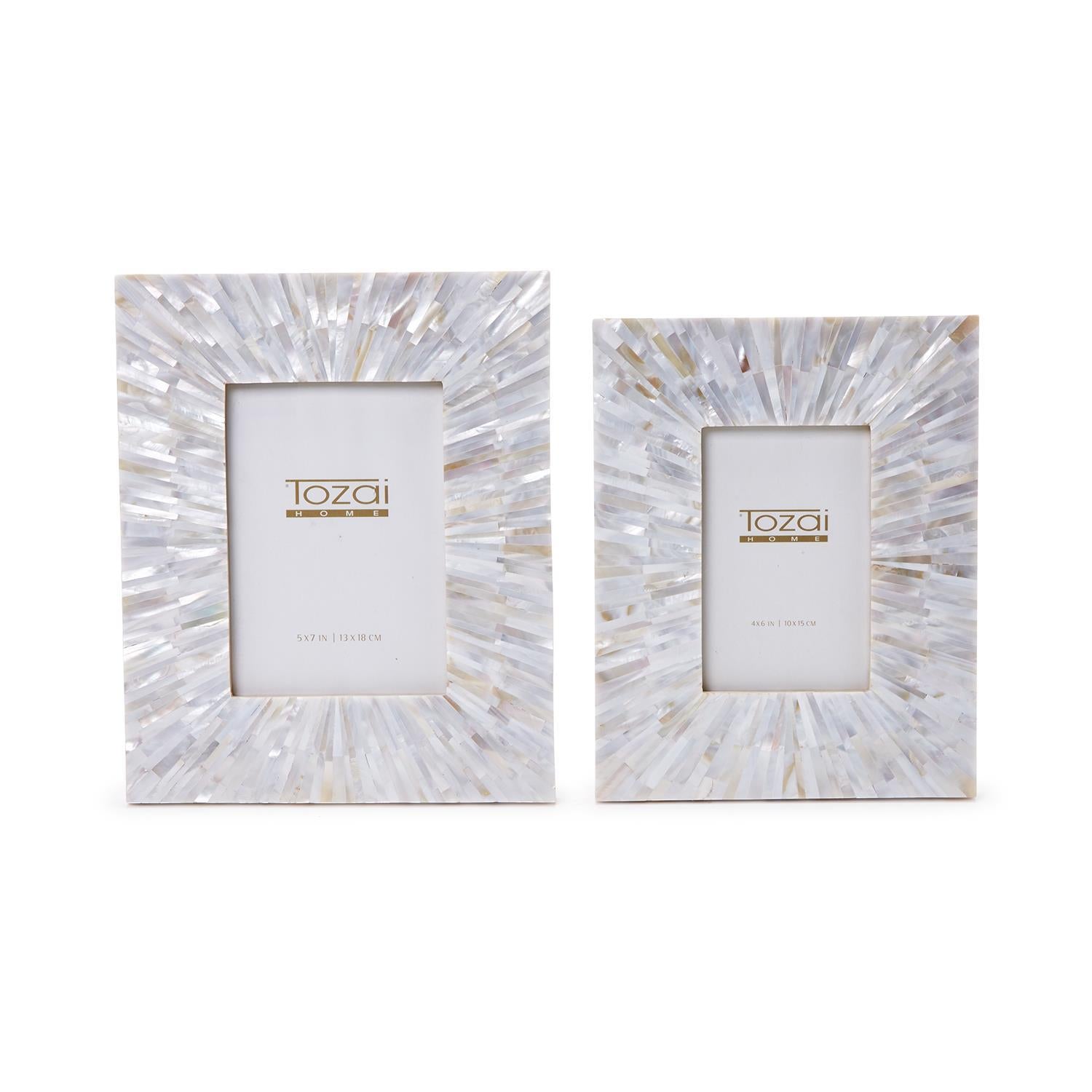 Tozai Home mother-of-pearl photo frames, one 5x7 inch and one 4x6 inch, showcasing iridescent shell tiles in a striking radial sunburst pattern on a white background