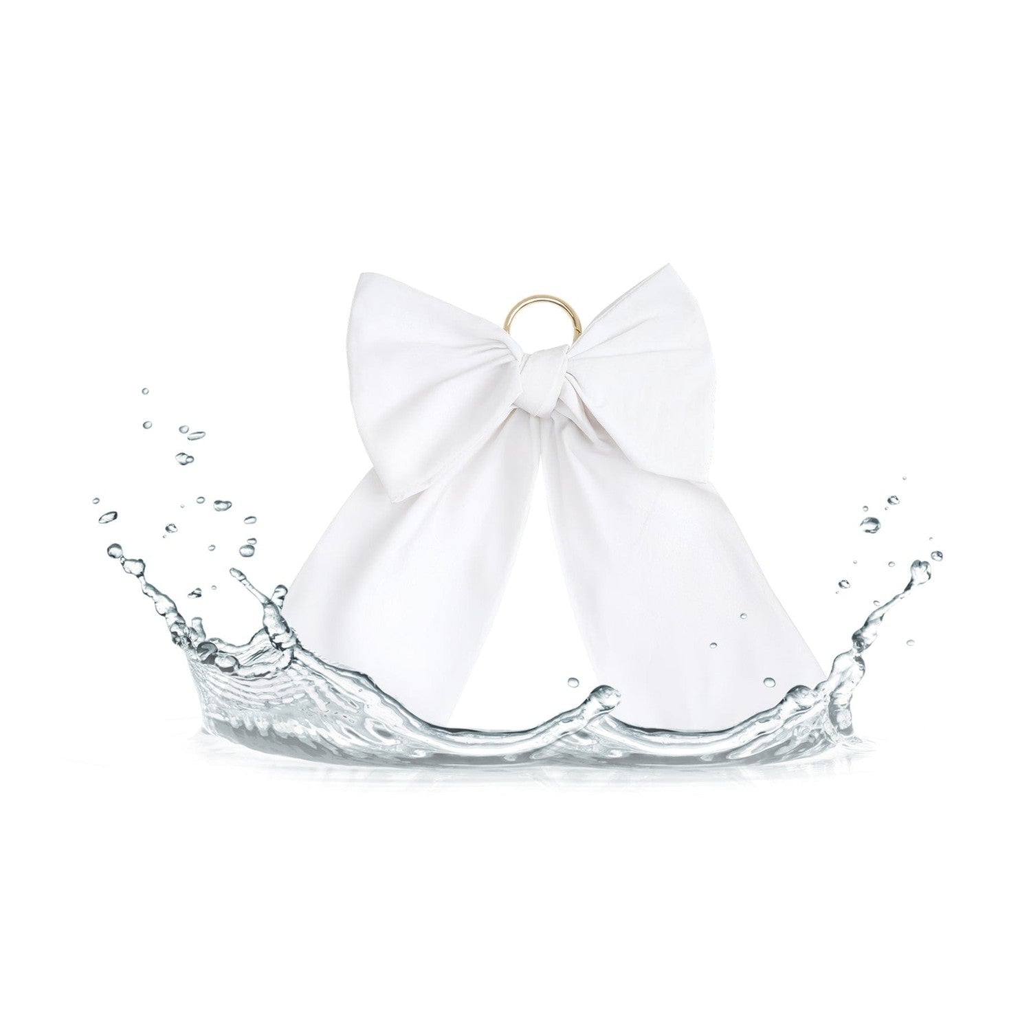 White fabric bow with a gold ring attachment surrounded by a water splash