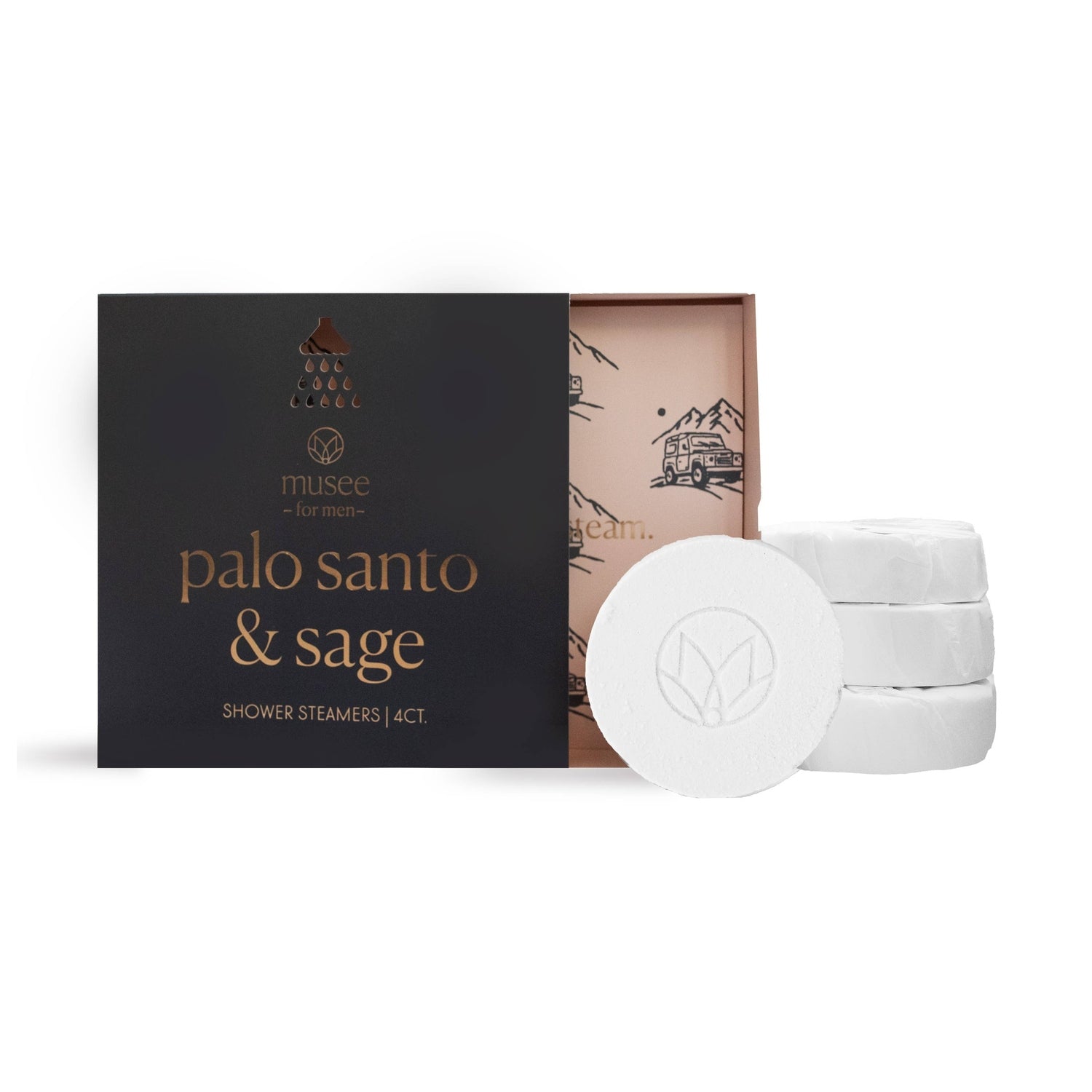 Musee for Men Palo Santo & Sage Shower Steamers in a dark grey box with copper lettering and a shower head cutout, showing the inner box with mountain and jeep illustrations and four white circular steamers, one displaying a leaf logo
