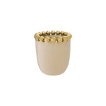 Beige decorative container featuring a golden beaded top edge with polished metallic spheres