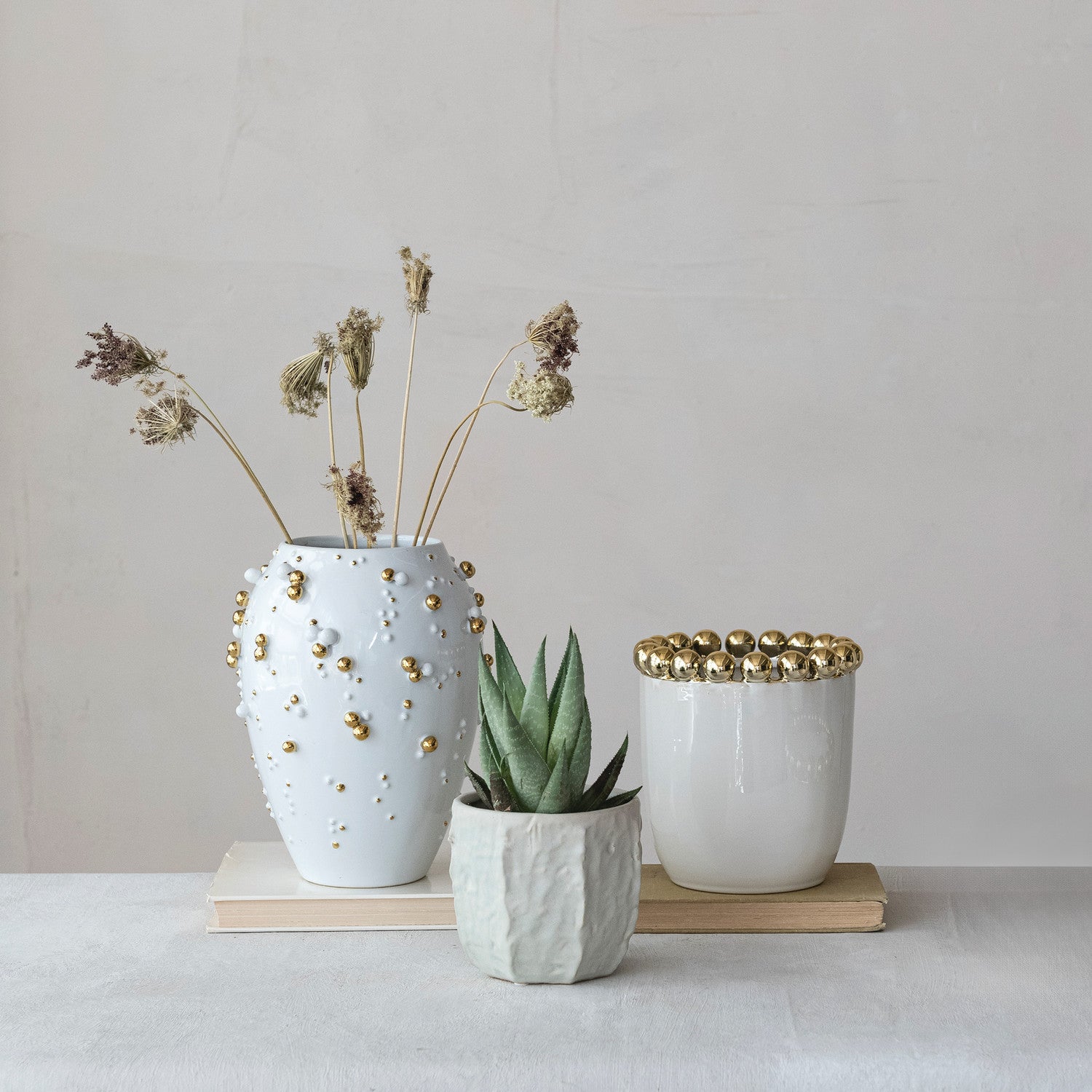 Stoneware Planter/Vase with Gold Electroplated Ball Rim - White