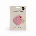 Pink ice cream cone silicone teether on branded display card