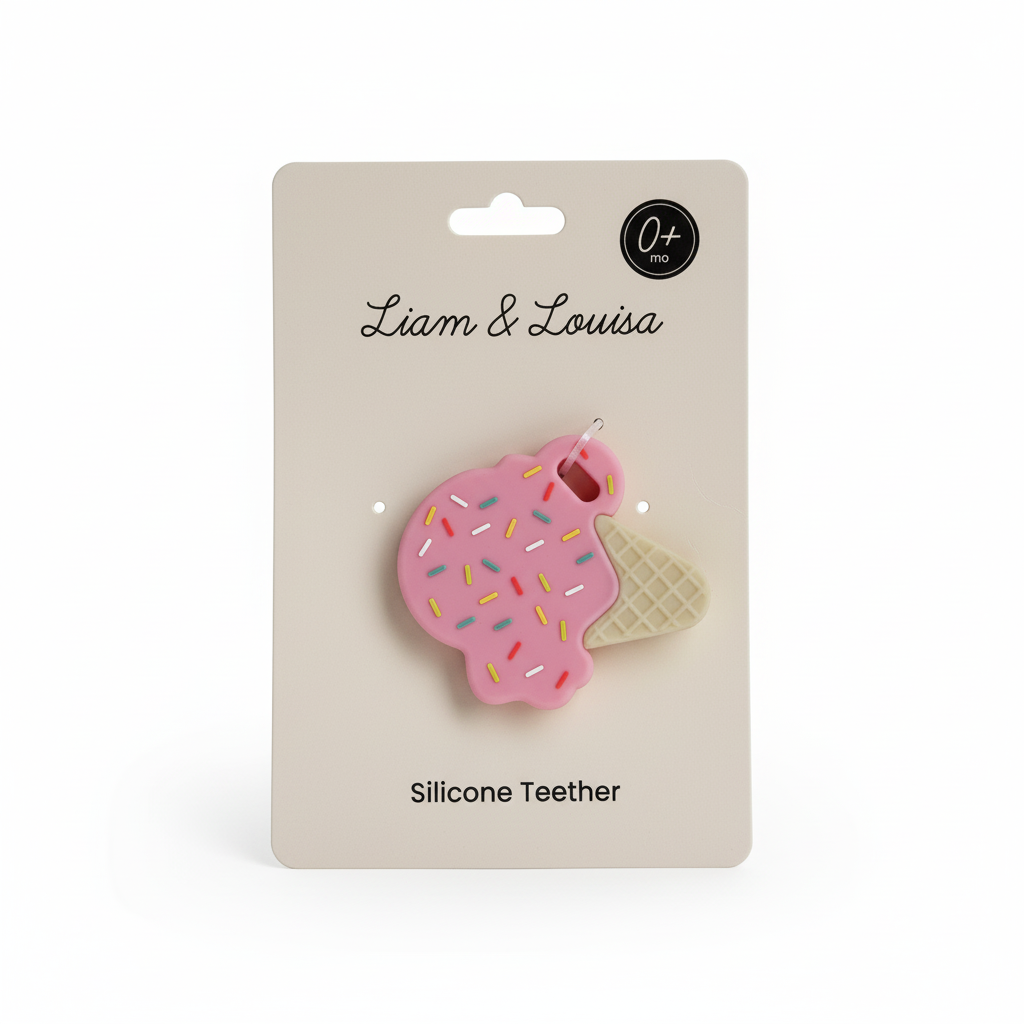 Pink ice cream cone silicone teether on branded display card