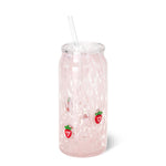 Pink speckled glass tumbler with strawberry decals and a glass straw