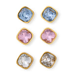 Three pairs of square gold stud earrings with blue pink and clear crystals