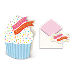 Cupcake shaped birthday card with a matching envelope featuring pink sprinkle pattern
