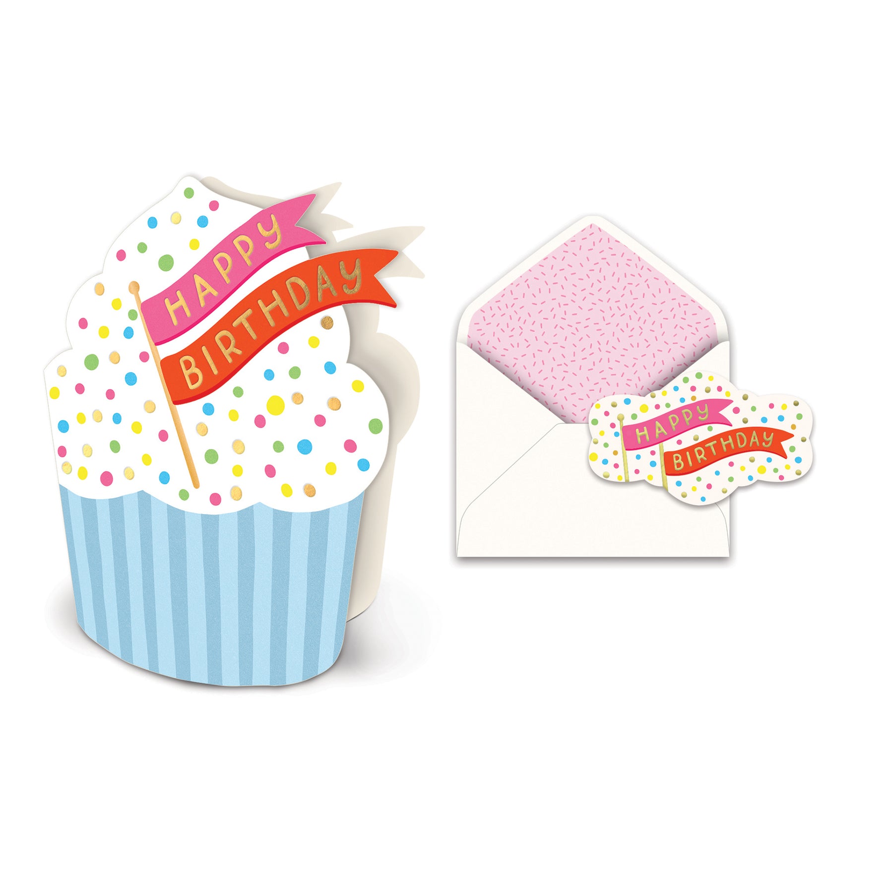 Cupcake shaped birthday card with a matching envelope featuring pink sprinkle pattern