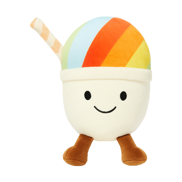 Plush toy shaped like a happy shaved ice drink with a vibrant rainbow-striped top a cream-colored cup body featuring a stitched smiling face and black dot eyes small brown feet and a striped straw