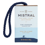 Mistral product packaging for Surf Hossegor men's soap on a rope a white and light blue box with a dark blue braided rope a surfer silhouette and gold Mistral branding