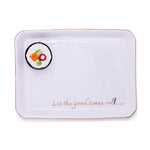 Ceramic rectangular serving tray with a colorful sushi roll graphic a subtle gold rim and elegant script text Let the good times roll