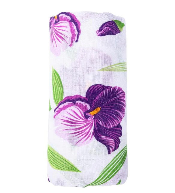 White fabric with purple iris flower and green leaf pattern