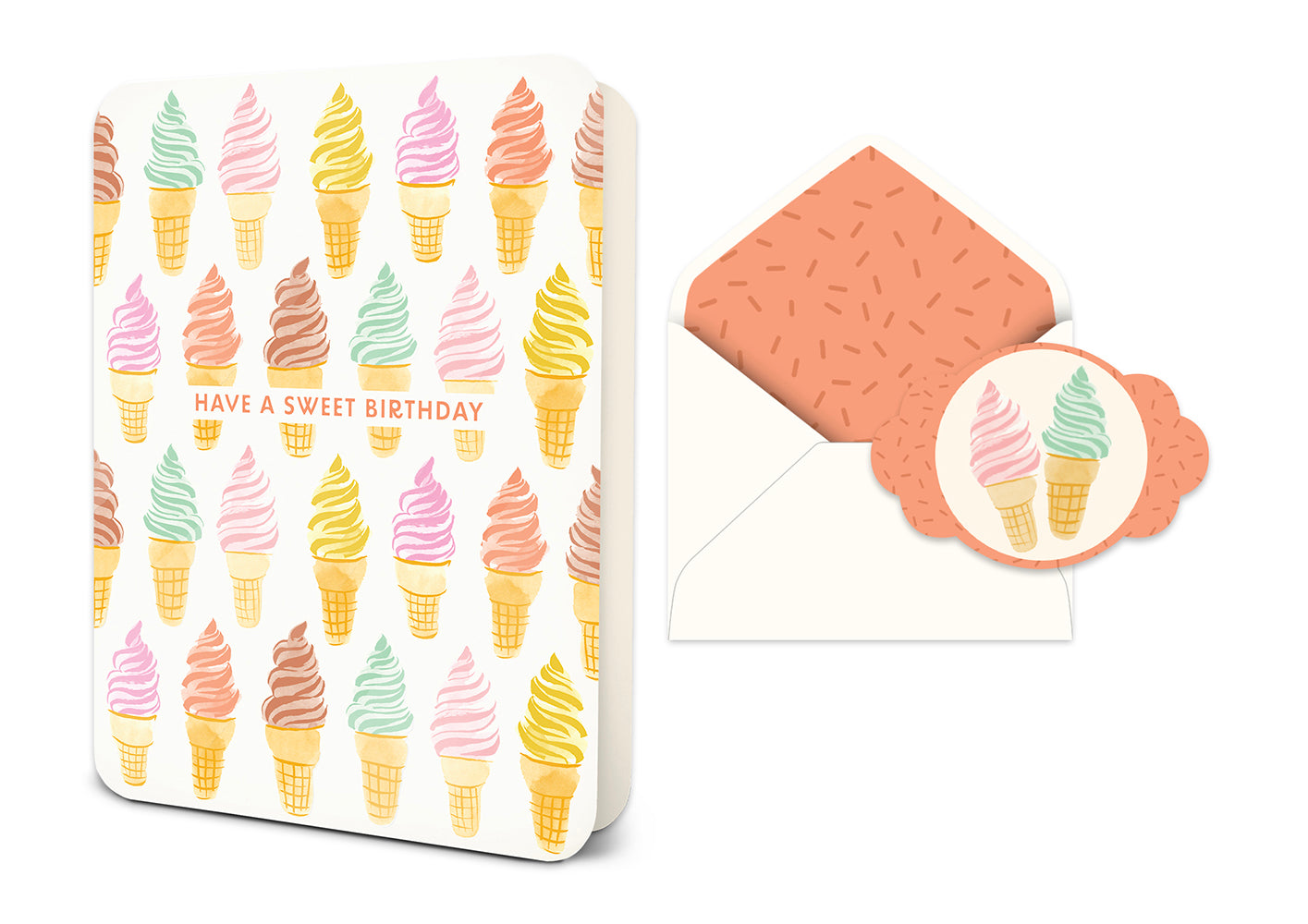 Birthday card with ice cream cone pattern and matching envelope with sprinkle liner