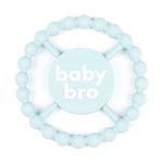 A round silicone teether with blue beads and the text 'baby bro' in the center