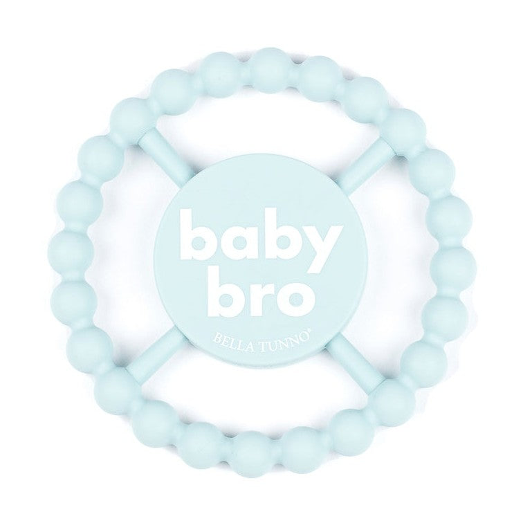 A round silicone teether with blue beads and the text 'baby bro' in the center