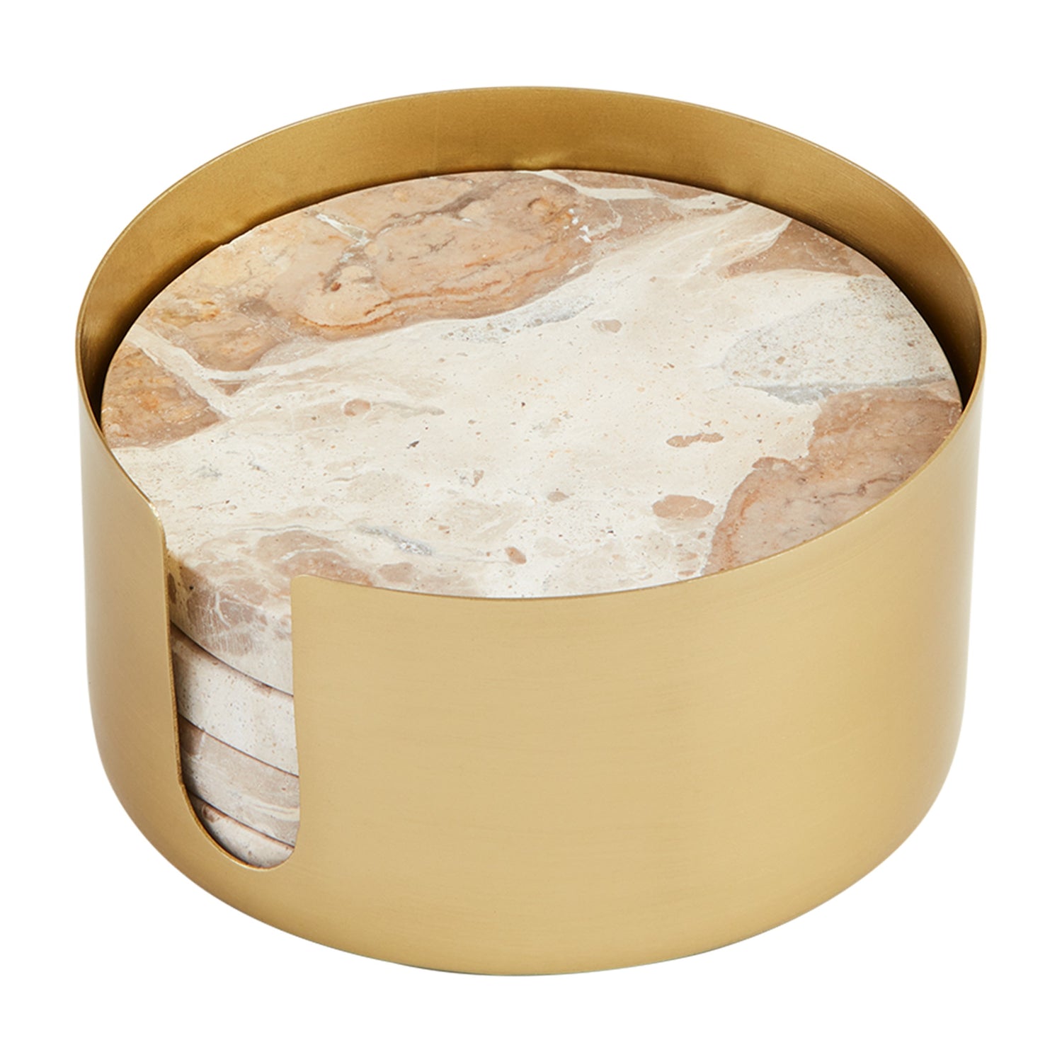 Stack of round marble coasters in a gold metal holder