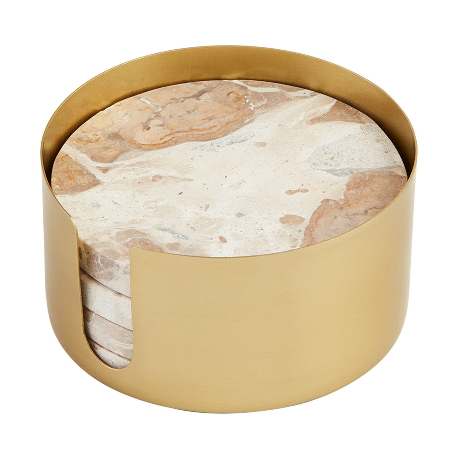 A stack of round natural marble coasters featuring cream peach and brown veining housed in a modern brushed brass cylindrical holder with a side cutout