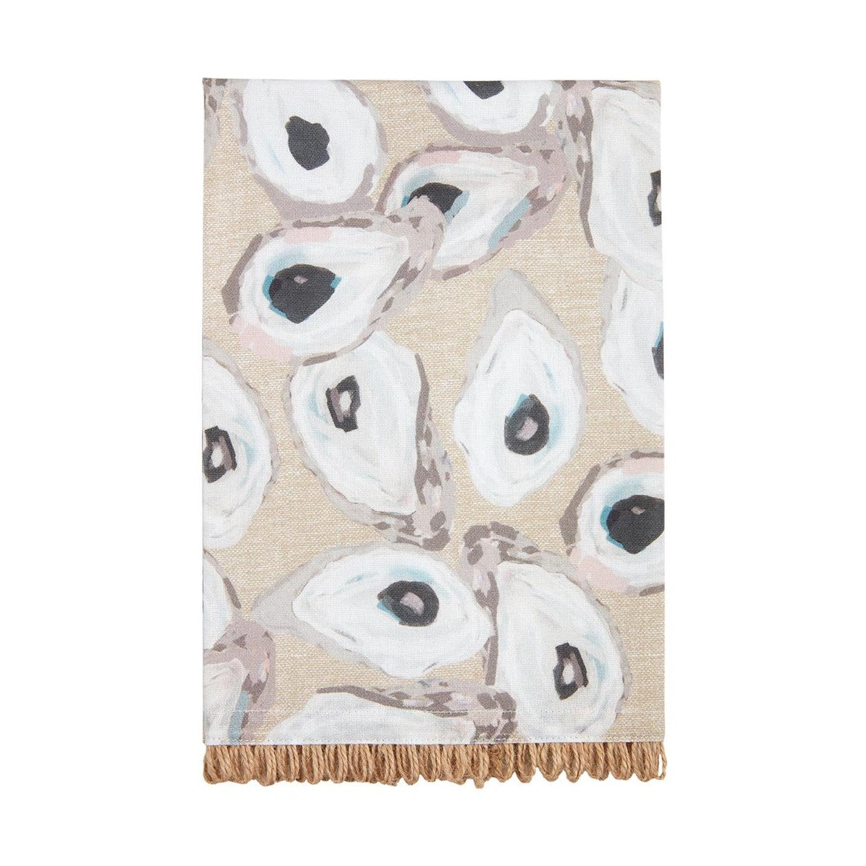 Printed textile art with a repeating pattern of stylized white and gray oyster shells featuring dark centers and subtle pale blue and pink accents on a textured beige background with a fringed bottom edge