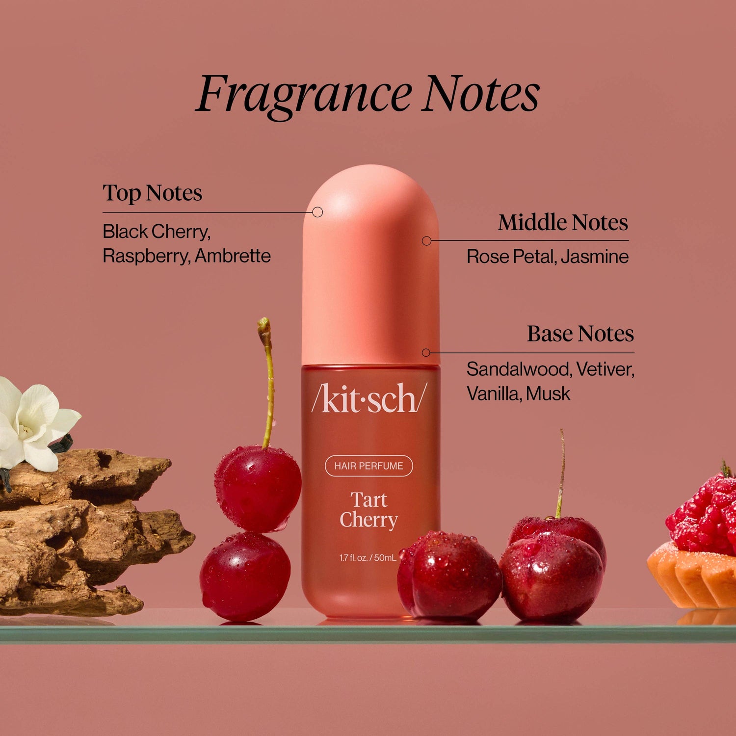 Kitsch Tart Cherry hair perfume bottle with text listing top middle and base fragrance notes