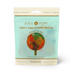 Commercial product photography of Lolli & Pops Tasty Ten Gummy Bears pouch on a white background featuring a gold brand logo, a lollipop-shaped window filled with colorful candies, and a mint green striped pattern