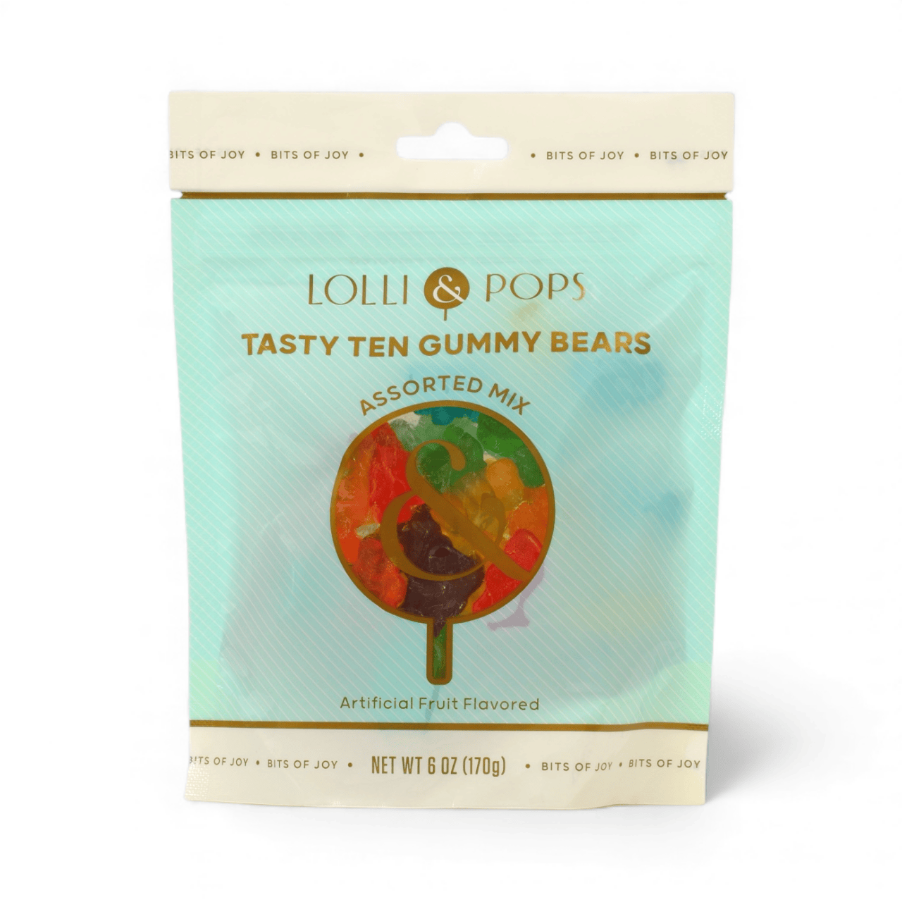 Commercial product photography of Lolli & Pops Tasty Ten Gummy Bears pouch on a white background featuring a gold brand logo, a lollipop-shaped window filled with colorful candies, and a mint green striped pattern