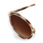 Studio product photography of TAF brand sunglasses featuring a prominent brown tinted lens, a translucent grey-brown swirled acetate frame, and gold hardware detailing with the TAF logo on the temple arm against a clean white background