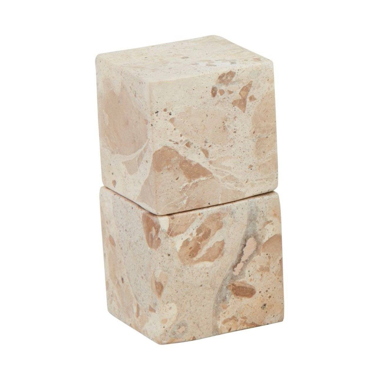 Two stacked beige marble cubes with brown veining