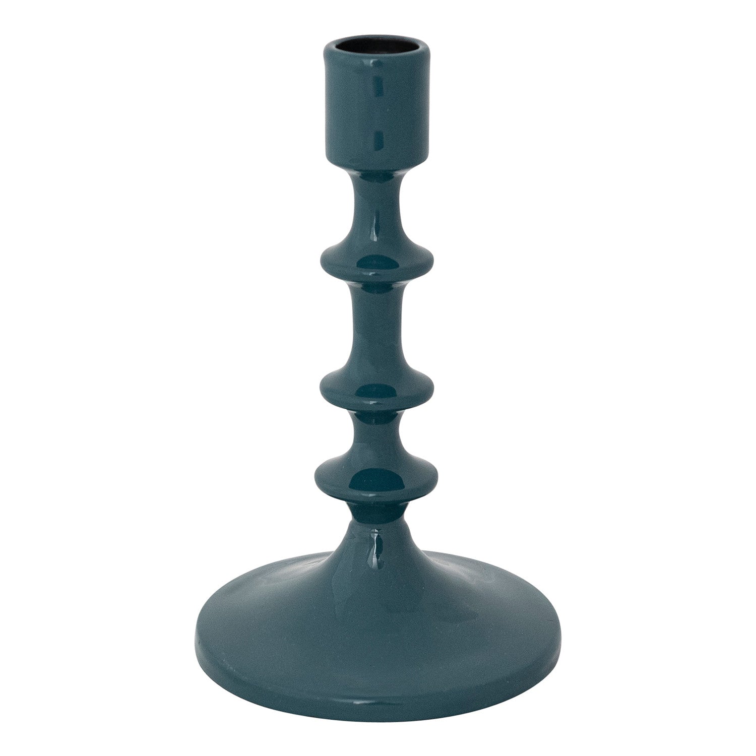 Modern glossy dark teal candlestick with a stacked bulbous stem design and a wide circular base