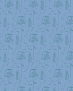 Digital illustration repeating pattern of hand-drawn sketch-style golf course elements including golf carts golf bags with clubs and flags outlined in teal on a pale blue background