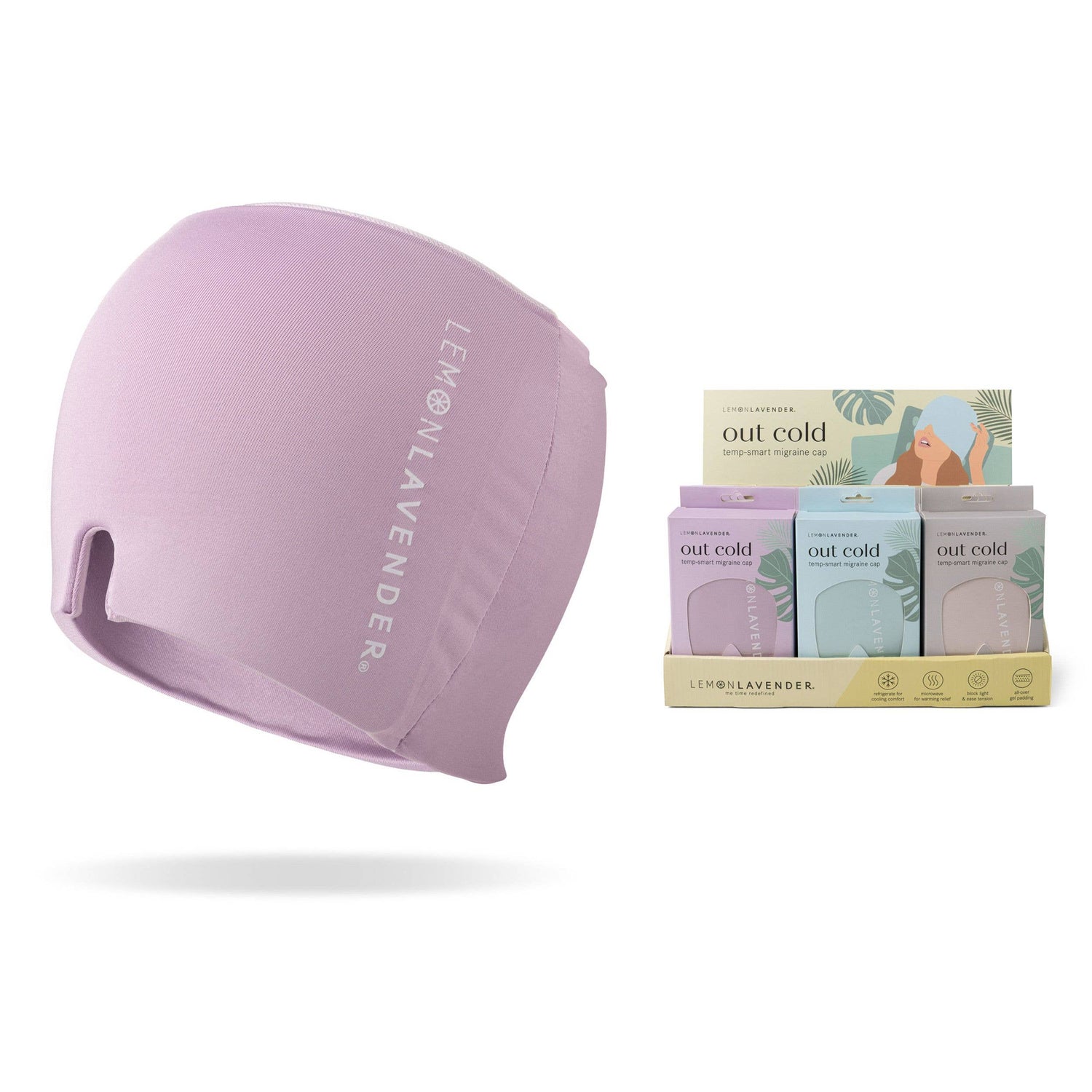 Lavender migraine cap next to a retail display box containing three migraine caps in lavender blue and grey
