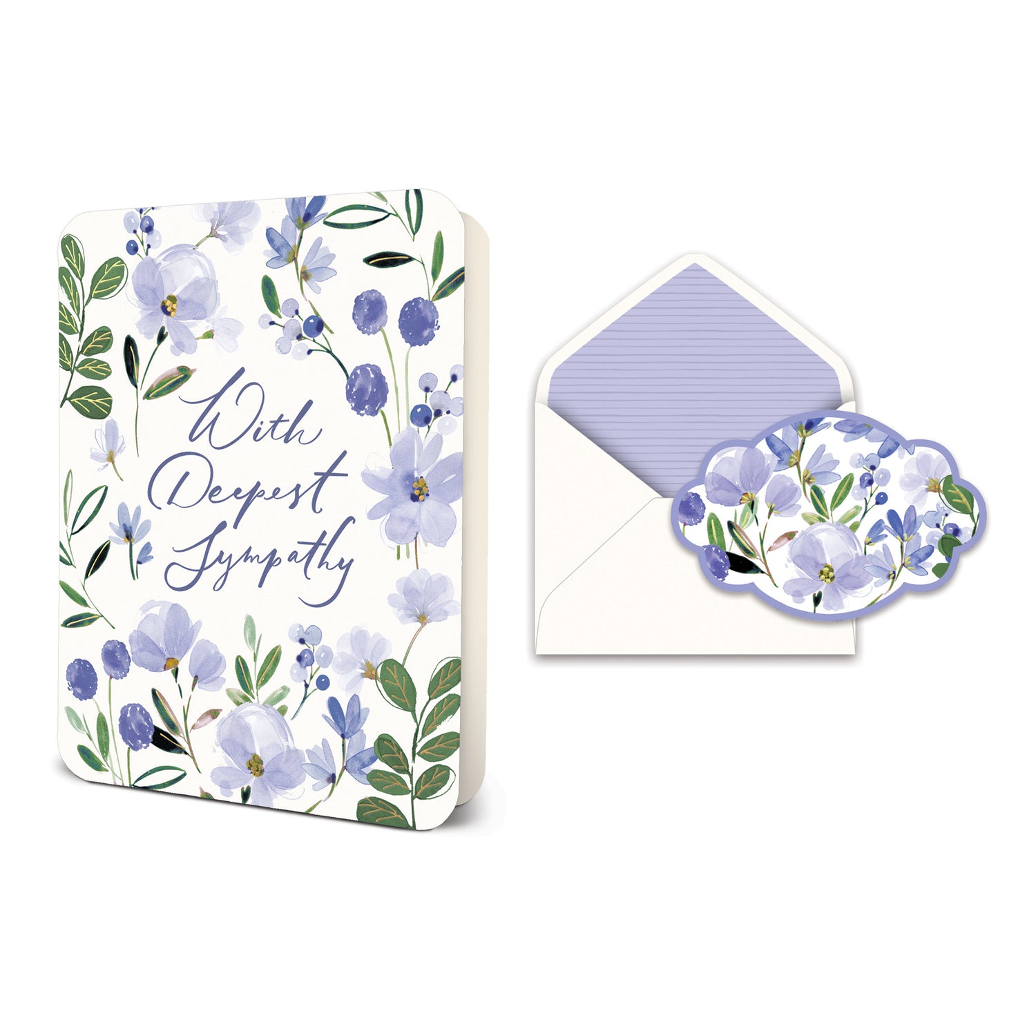 Sympathy card with purple floral watercolor design and matching envelope