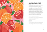 Digital illustration depicting vibrant orange slices and whole and halved red pomegranates with exposed arils and green leaves on a bright pink background, part of a Sangrita Sweet recipe page
