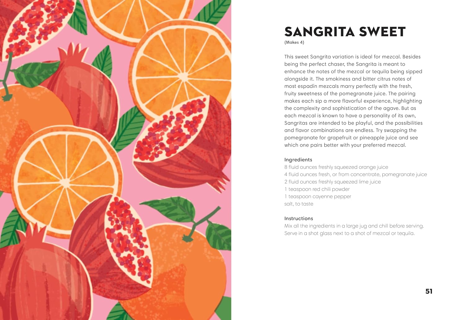 Digital illustration depicting vibrant orange slices and whole and halved red pomegranates with exposed arils and green leaves on a bright pink background, part of a Sangrita Sweet recipe page