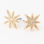 Gold star shaped stud earrings with embedded clear crystals