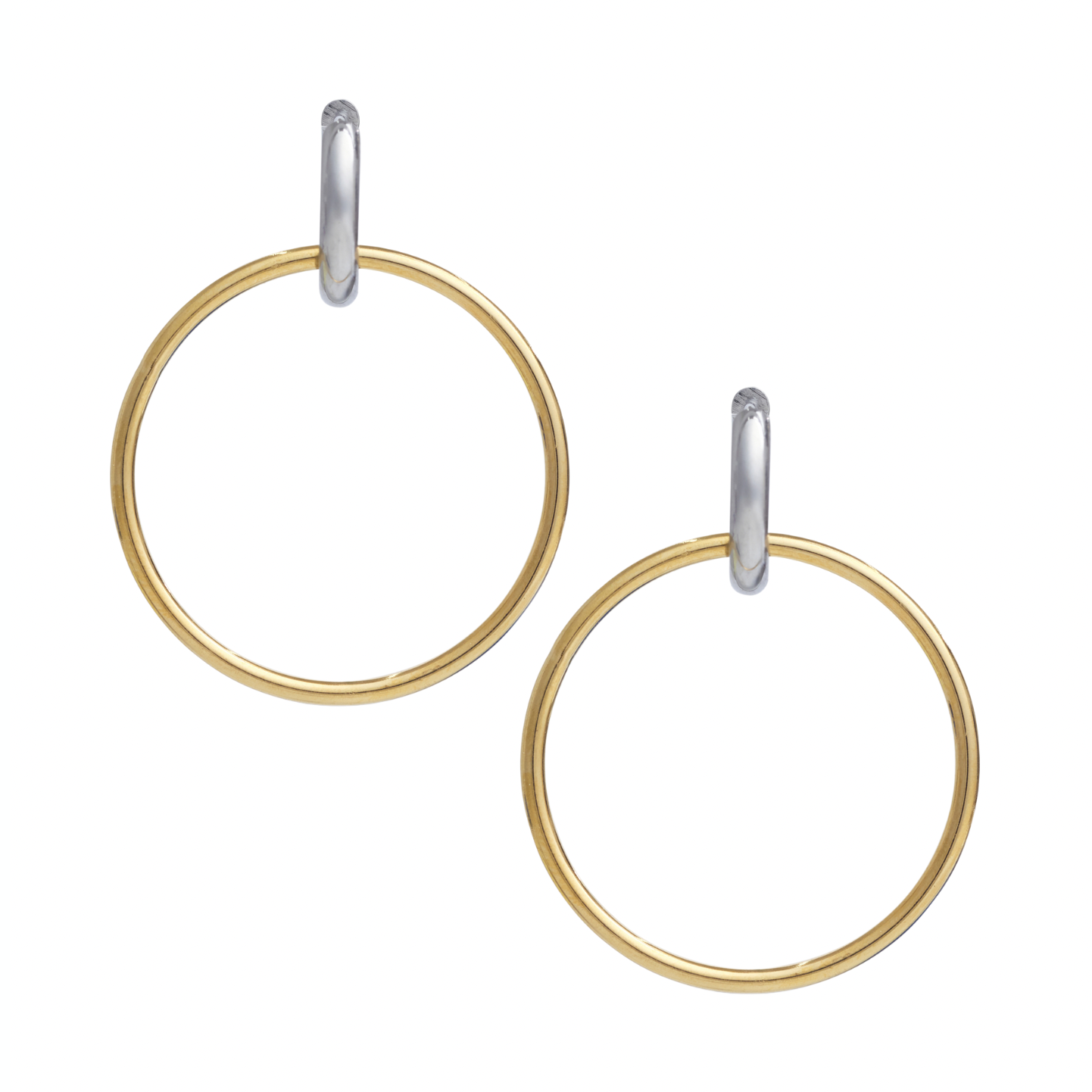 Jewelry a pair of minimalist two-toned hoop earrings featuring lustrous gold rings connected to sleek silver-toned posts