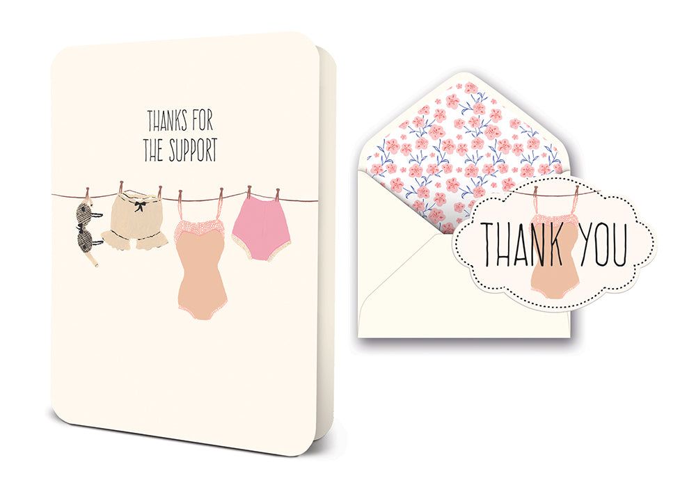 Greeting card with lingerie on a clothesline and matching envelope with floral liner