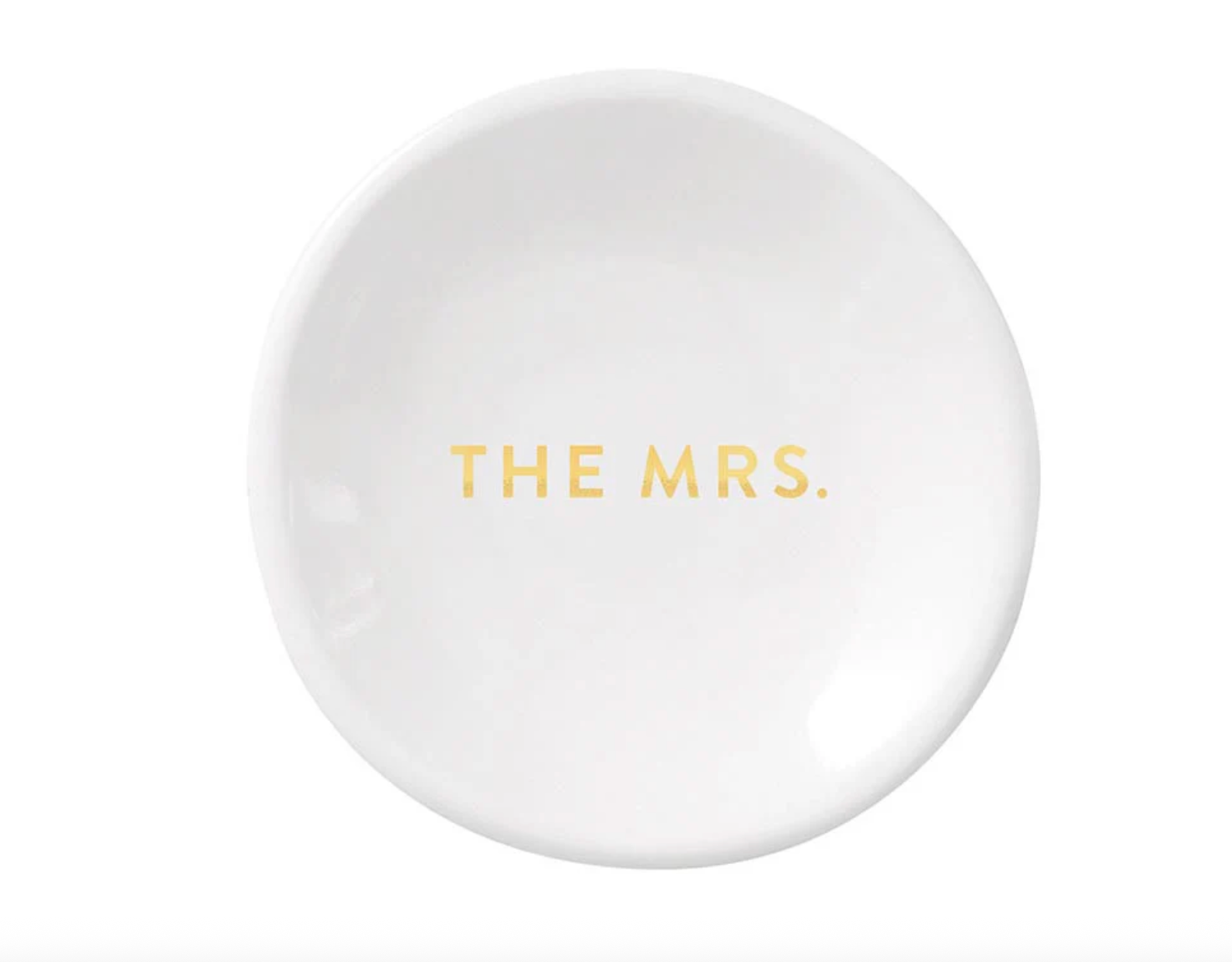 White ceramic round trinket dish with bold gold metallic lettering spelling THE MRS for a bridal gift or wedding keepsake