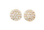 A pair of circular gold stud earrings with pavé-set clear gemstones and interspersed gold beads
