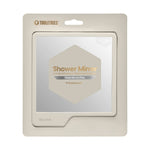 TOOLETRIES Shower Mirror in beige retail packaging with gold "Shower Mirror" text on its surface highlighting its shatterproof feature and "Glass-Mirror-Tiles" compatibility with a protective film visible